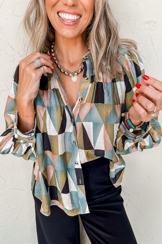 Green Geometric Print Buttoned Balloon Sleeve Blouse