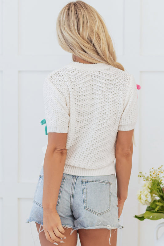 White Colorful Bow Knit Short Sleeve Sweater