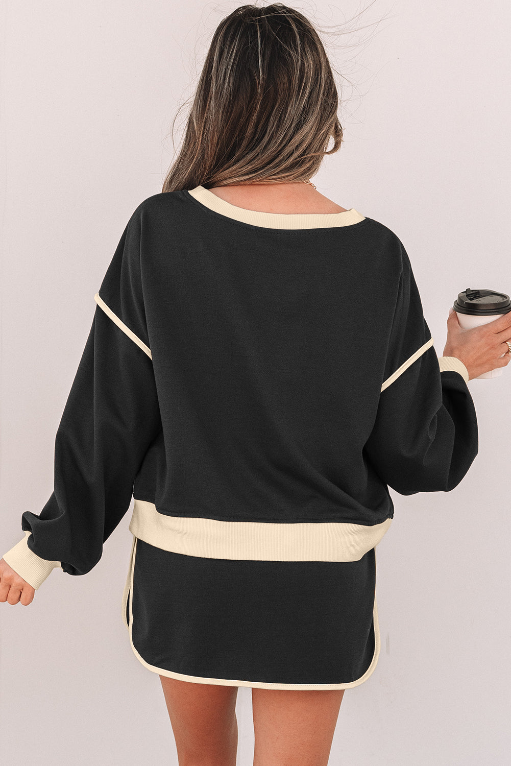 Black Color Pullover and Lace-up Waist Skort Set