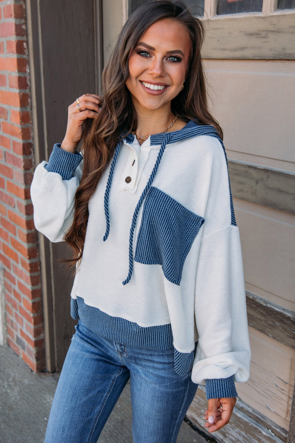 White Corded Colorblock Drawstring Hooded Top