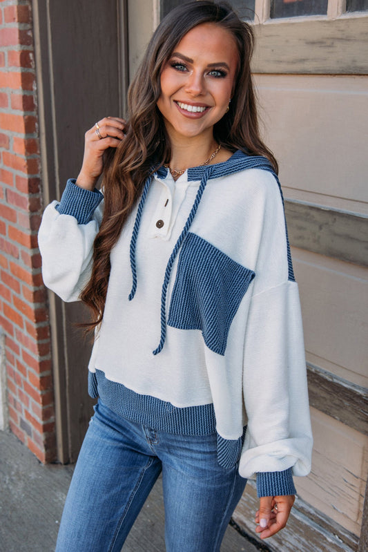 White Corded Colorblock Drawstring Hooded Top